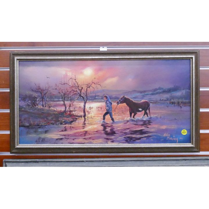 Hulan Fleming Western Sunset Oil Painting Framed- 14x26''