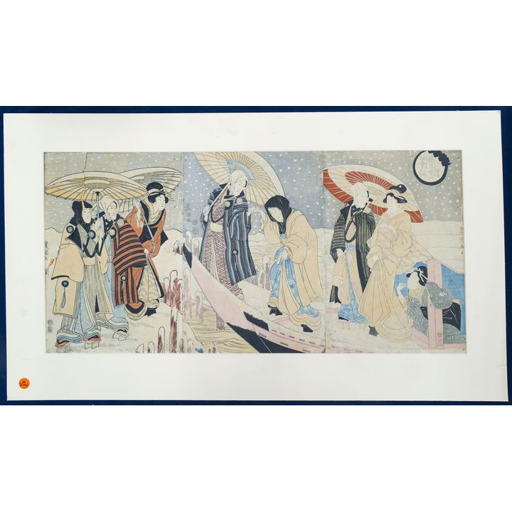 Antique Toyokuni Actors at Leisure Triptych Woodblock