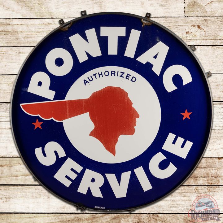 Pontiac Authorized Service "Full Feather Logo" 60" Double Sided Porcelain Sign w/ Ring