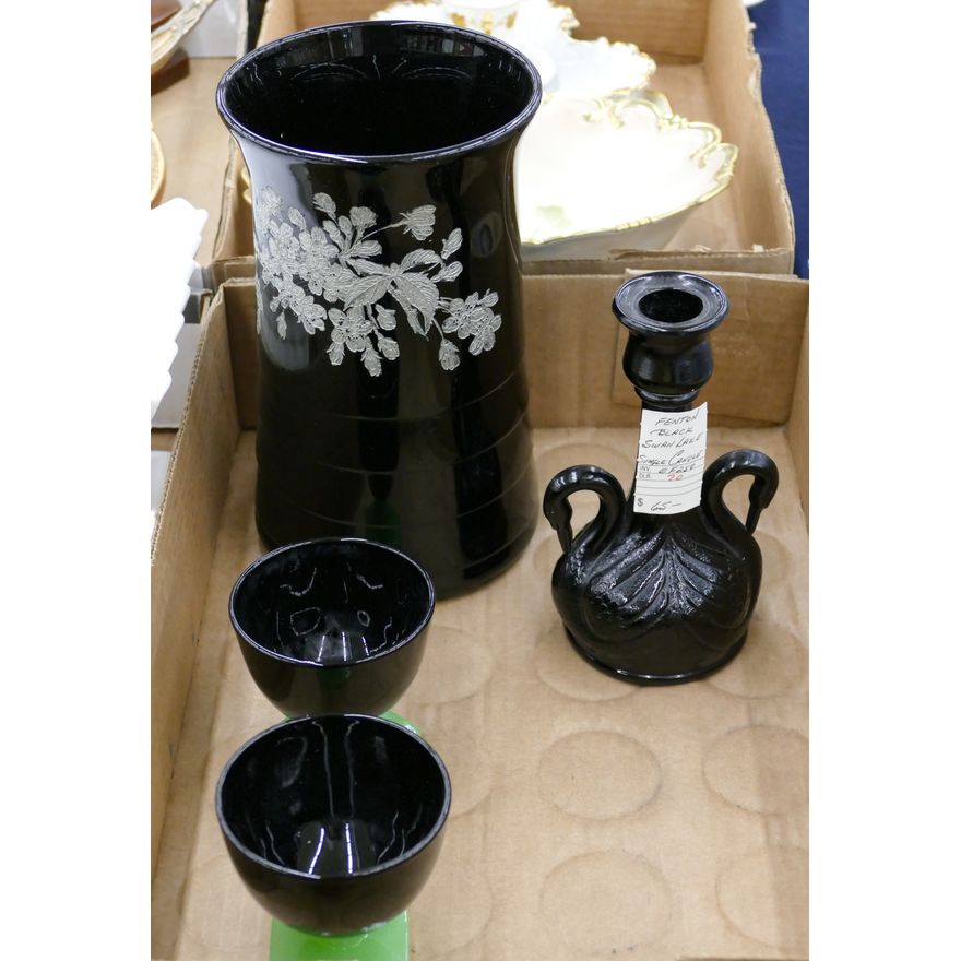 Box 4pc Black Vase & Candlestick Etc.