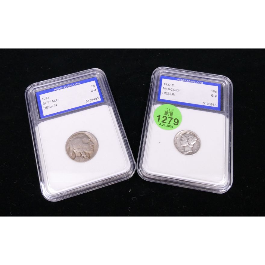 2pc US Mercury Dime & Buffalo Nickel Graded