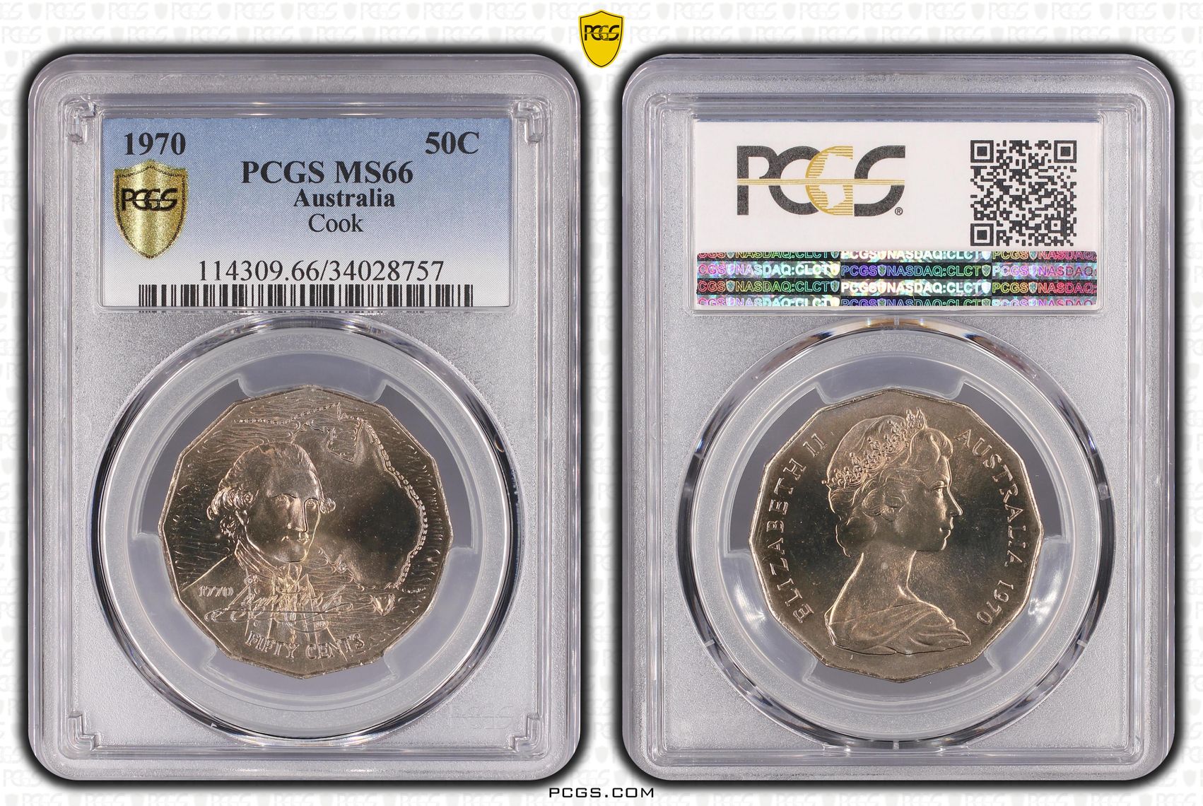 Elizabeth II, Captain Cook, Fifty Cent, 1970, PCGS MS66
