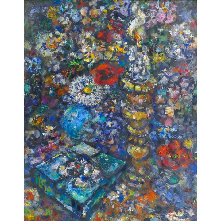 Byron Randall ''Candlestick & Flowers'' 1981 Oil on Masonite