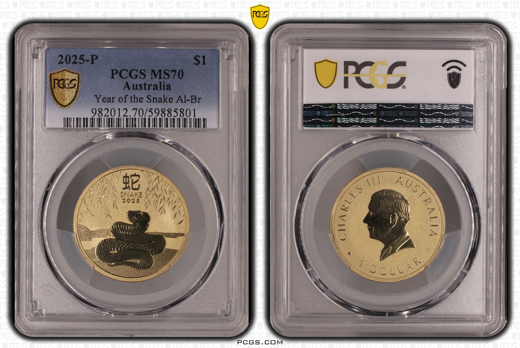 Year of the Snake Al-Br, POP 2/0, One Dollar, 2025-P, PCGS MS70