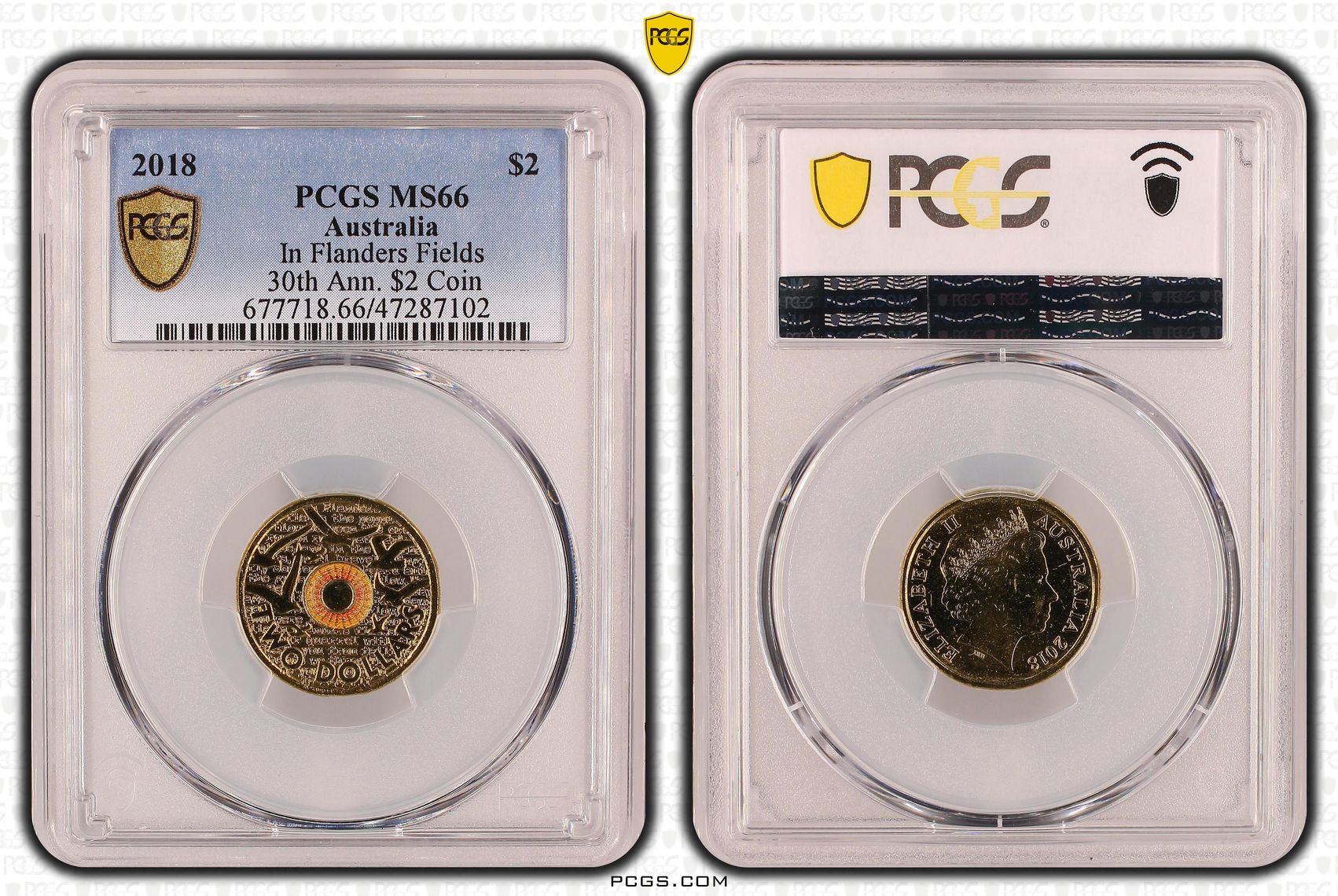 464 · Elizabeth II, Remembrance Day In Flanders Fields 30th Ann. $2 Coin, Two Dollar, 2018, PCGS MS66