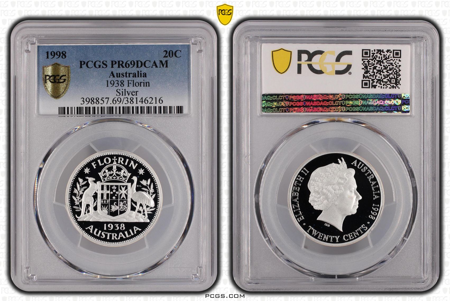 1938 Florin Silver, Twenty Cent, 1998, PCGS PR69DCAM
