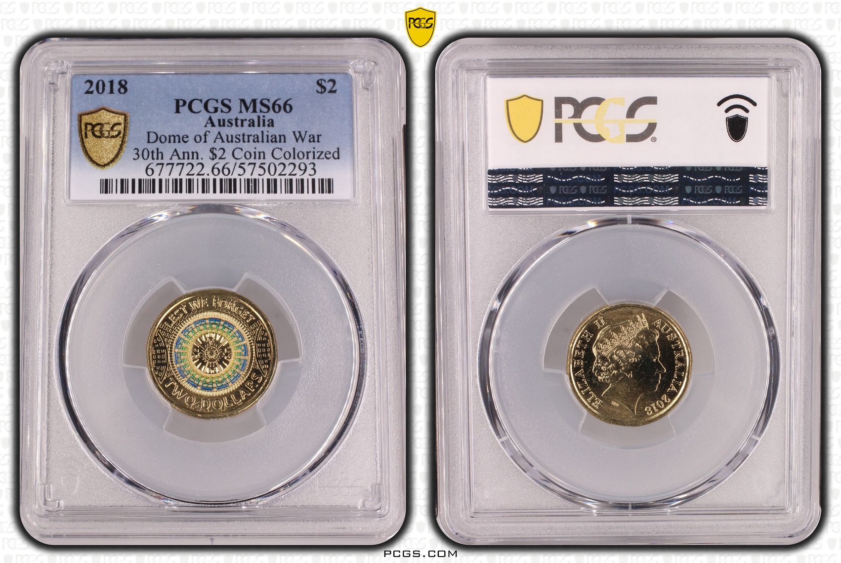 Dome of Australian War 30th Ann. $2 Coin Colourised, Two Dollar, 2018, MS66