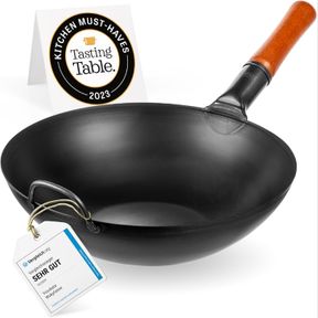 YOSUKATA CARBON STEEL WOK PAN - 13,5 / 34 CM WOKS AND STIR FRY PANS - CHINESE WOK WITH FLAT BOTTOM WOK - TRADITIONAL CHINESE JAPAN
