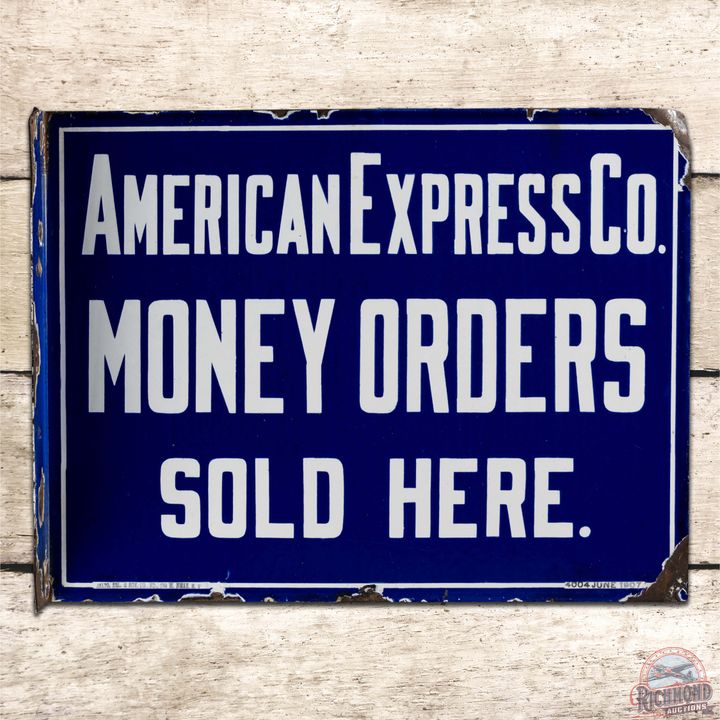 1907 American Express Co. Money Orders Sold Here Double Sided Porcelain Flange Sign