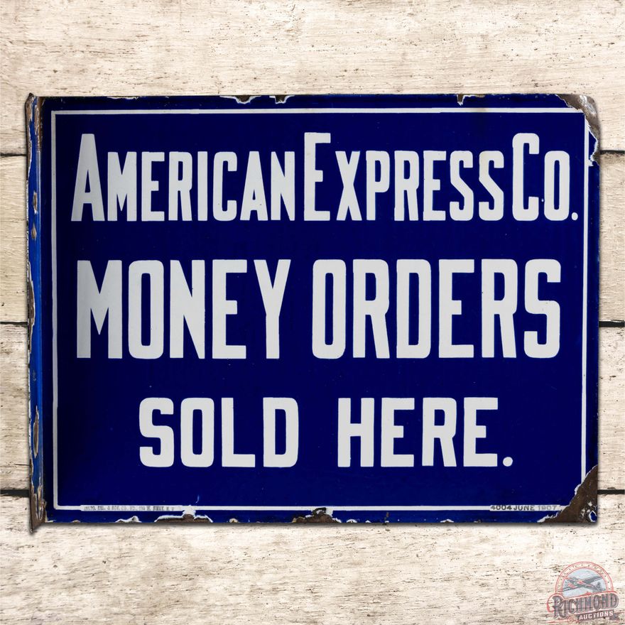1907 American Express Co. Money Orders Sold Here Double Sided Porcelain Flange Sign