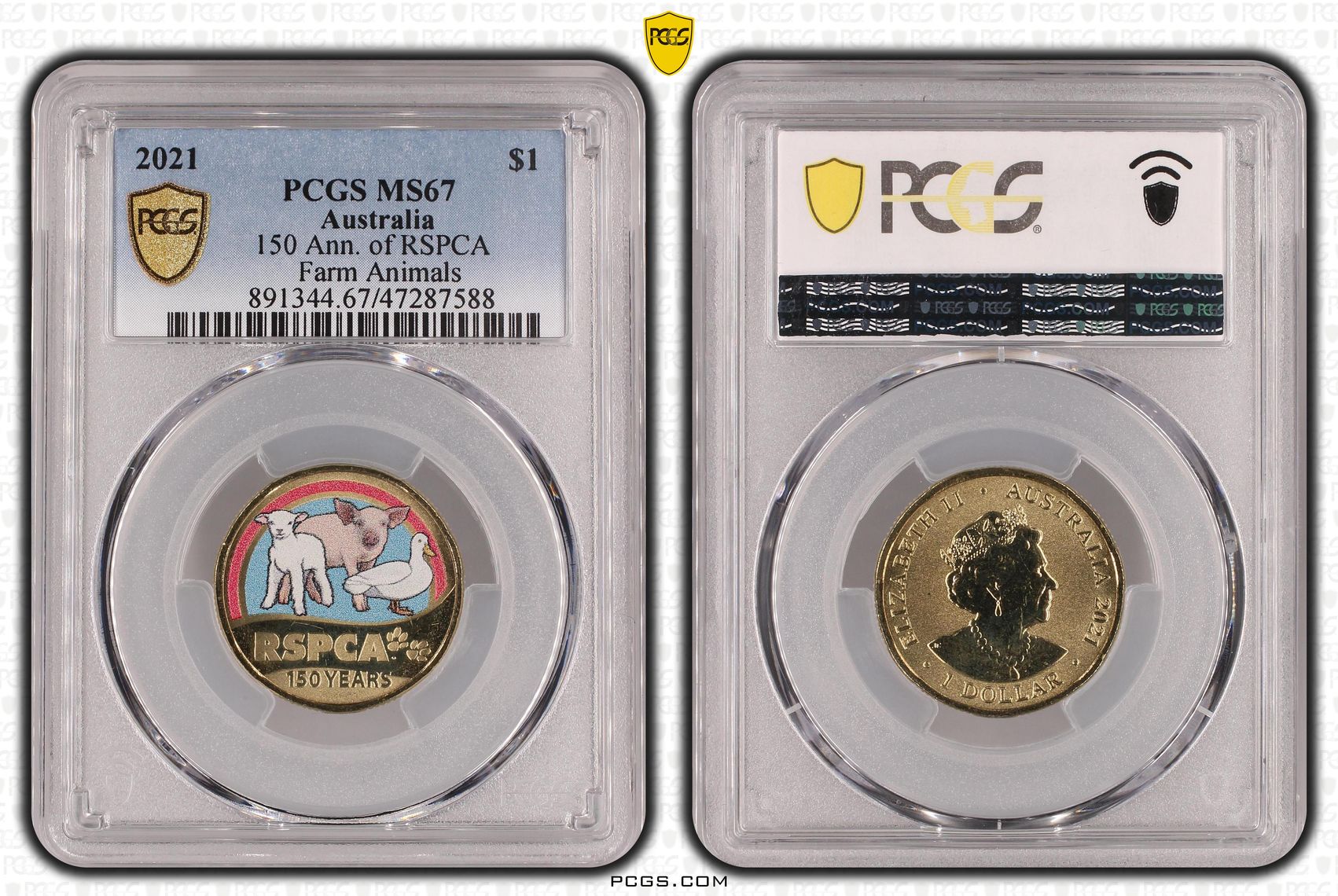 404 · Elizabeth II, 150 Ann. of RSPCA Farm Animals, One Dollar, 2021, PCGS MS67