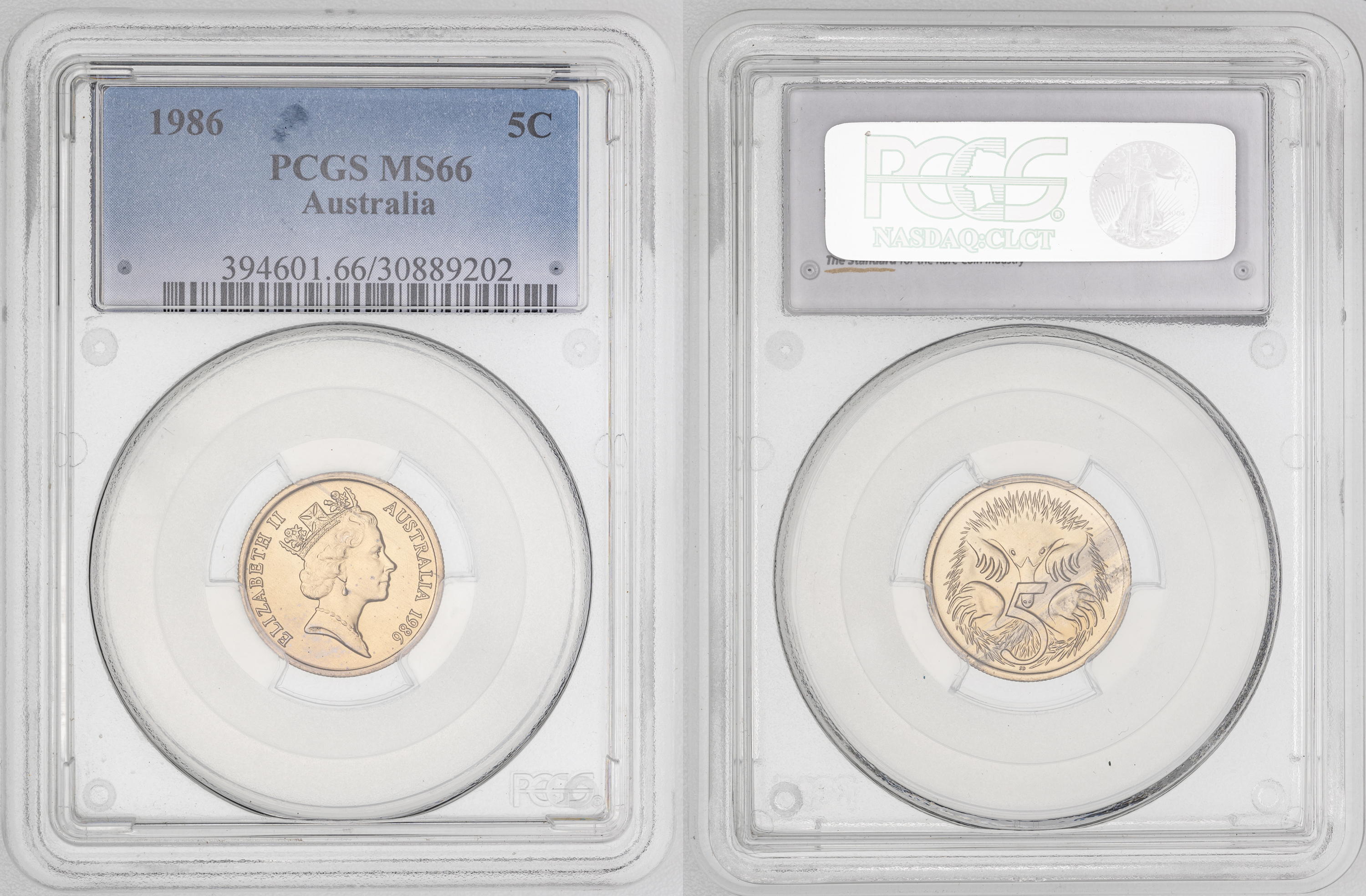 Elizabeth II, Low Echidna , Five Cent, 1986, PCGS MS66