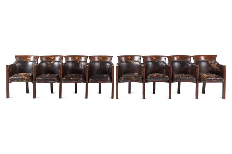 Two Sets of Four Inlaid Mahogany Theater Seats