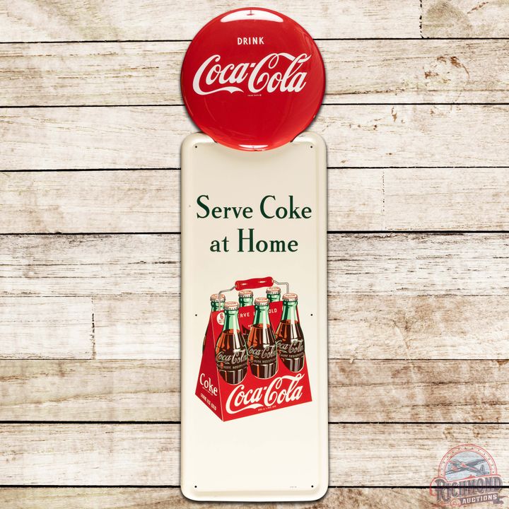 1948 Coca Cola "Serve Coke at Home" SS Tin Pilaster Sign w/ 6 Pack