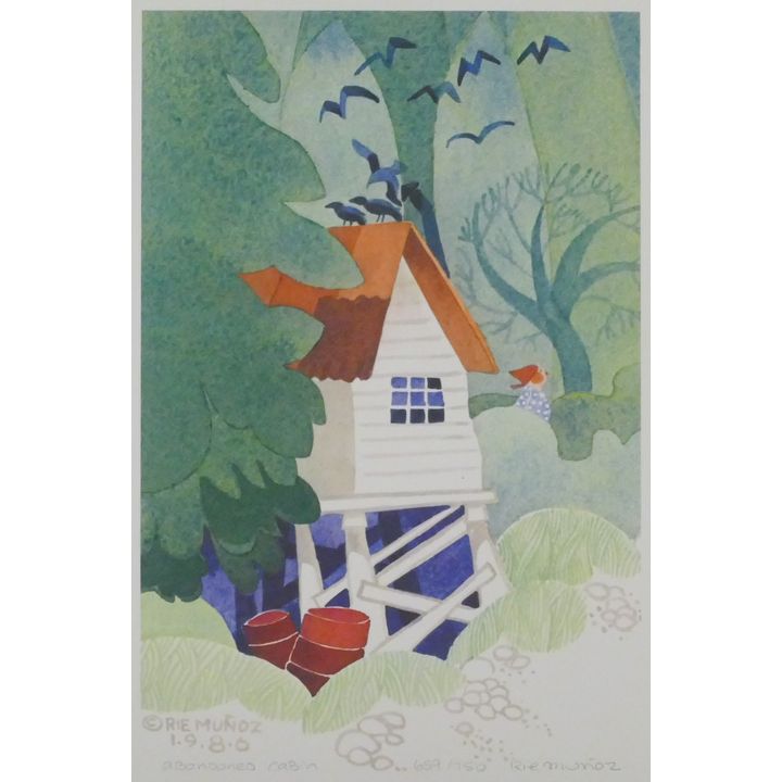 Rie Munoz "Abandoned Cabin" 1980 Signed Print 13.5" x 9.75" Sheet.