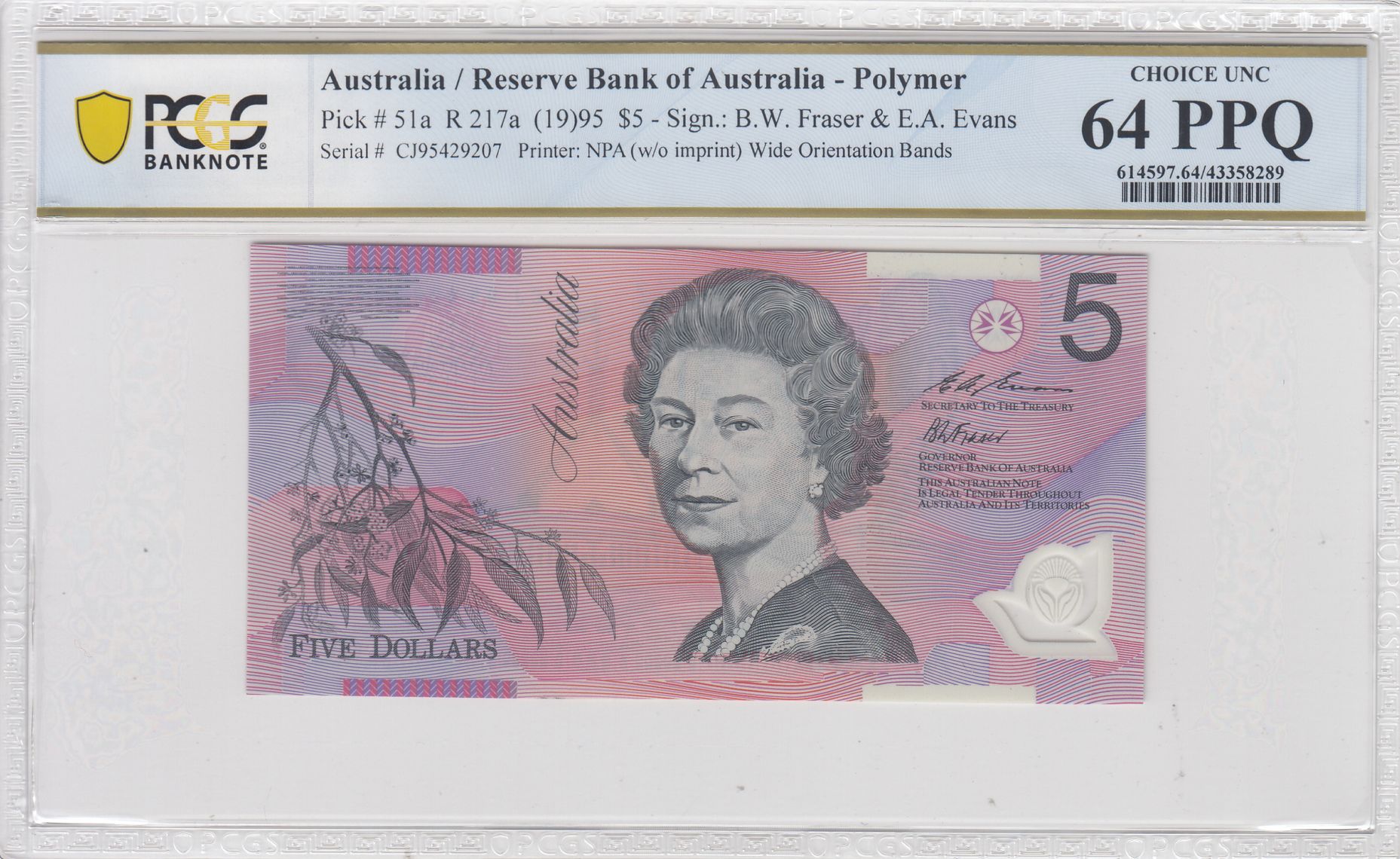 1995 $5 Fraser/Evans Choice Unc 64 PPQ