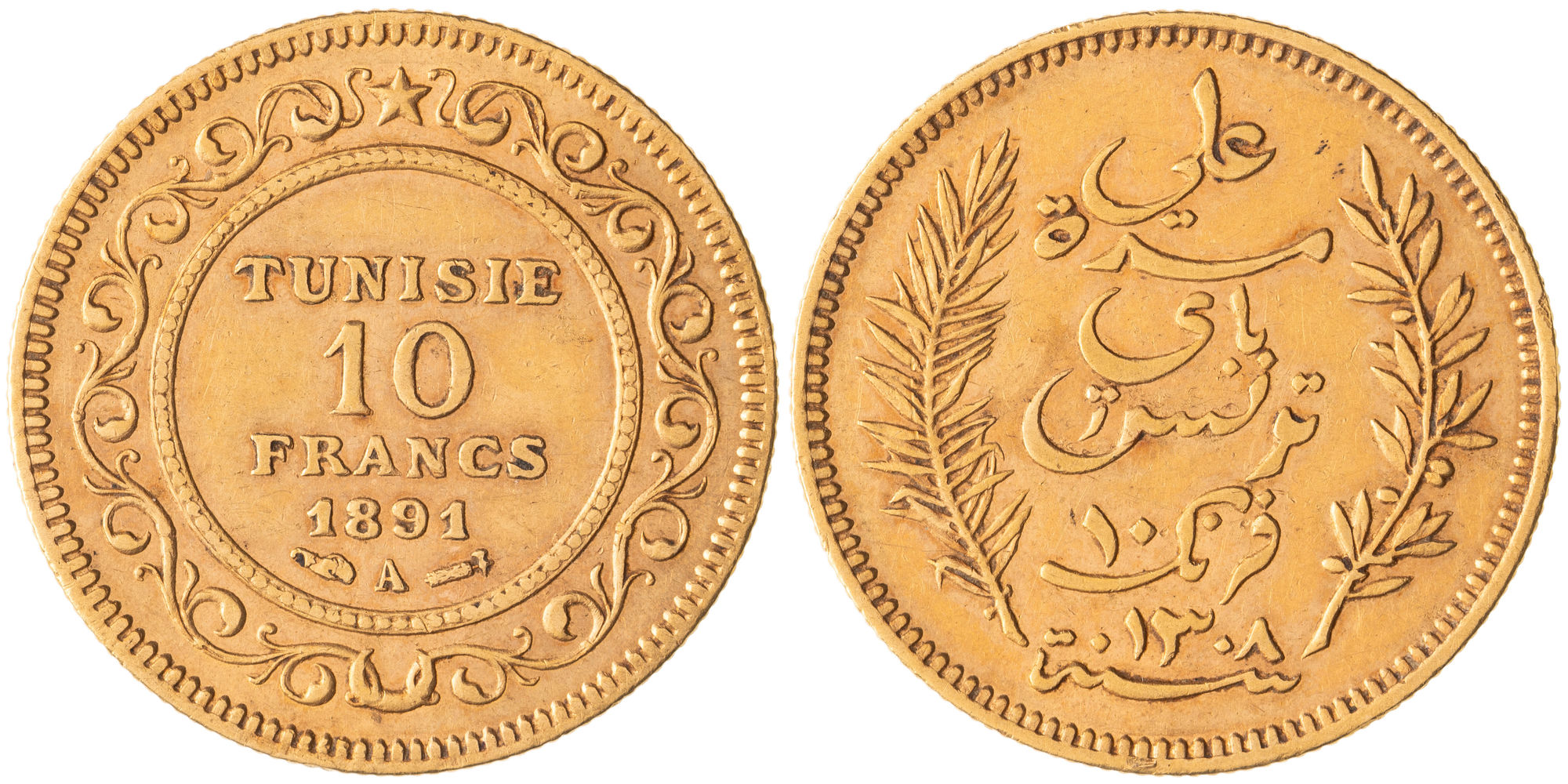 Tunisia, Ali III, Ten Francs, 1891-A, aVF