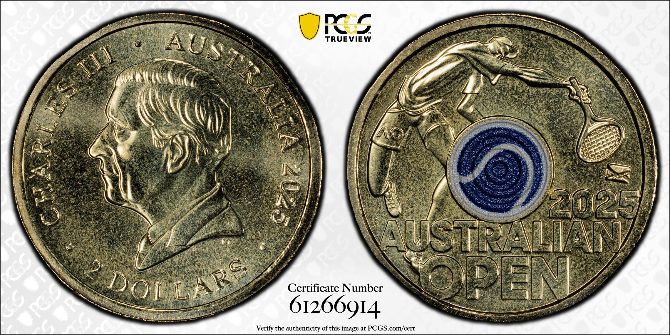 Men's Australian Open Blue Envelope Privy Colourised, Two Dollar, 2025, PCGS MS69