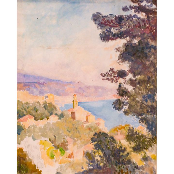 Mediterranean Coastal Scene Watercolor signed V.R. Framed- 26x23''