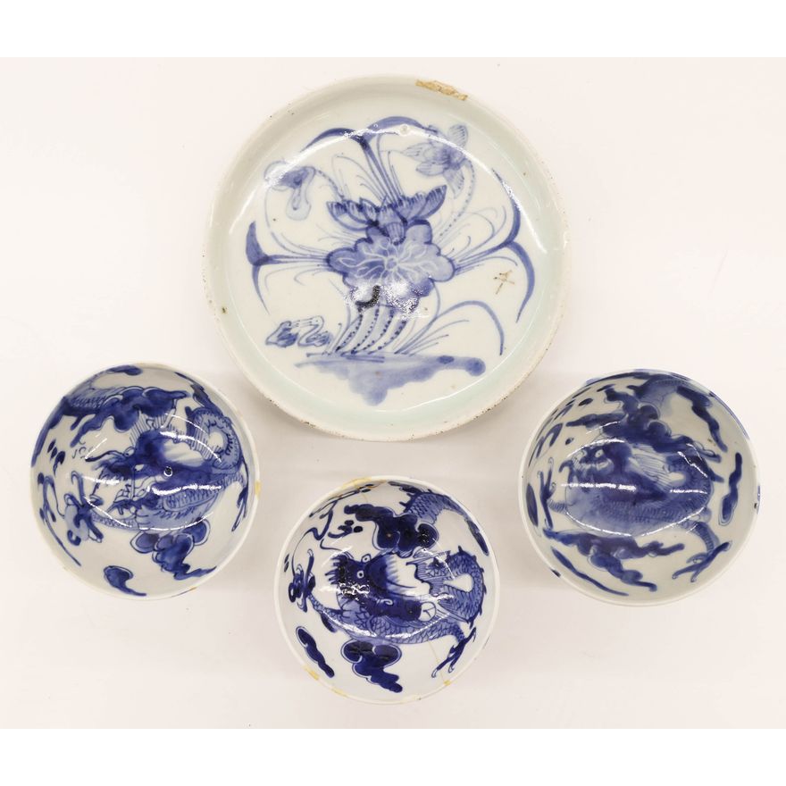 4pc Chinese Export Blue de Hue Vietnamese Porcelain
