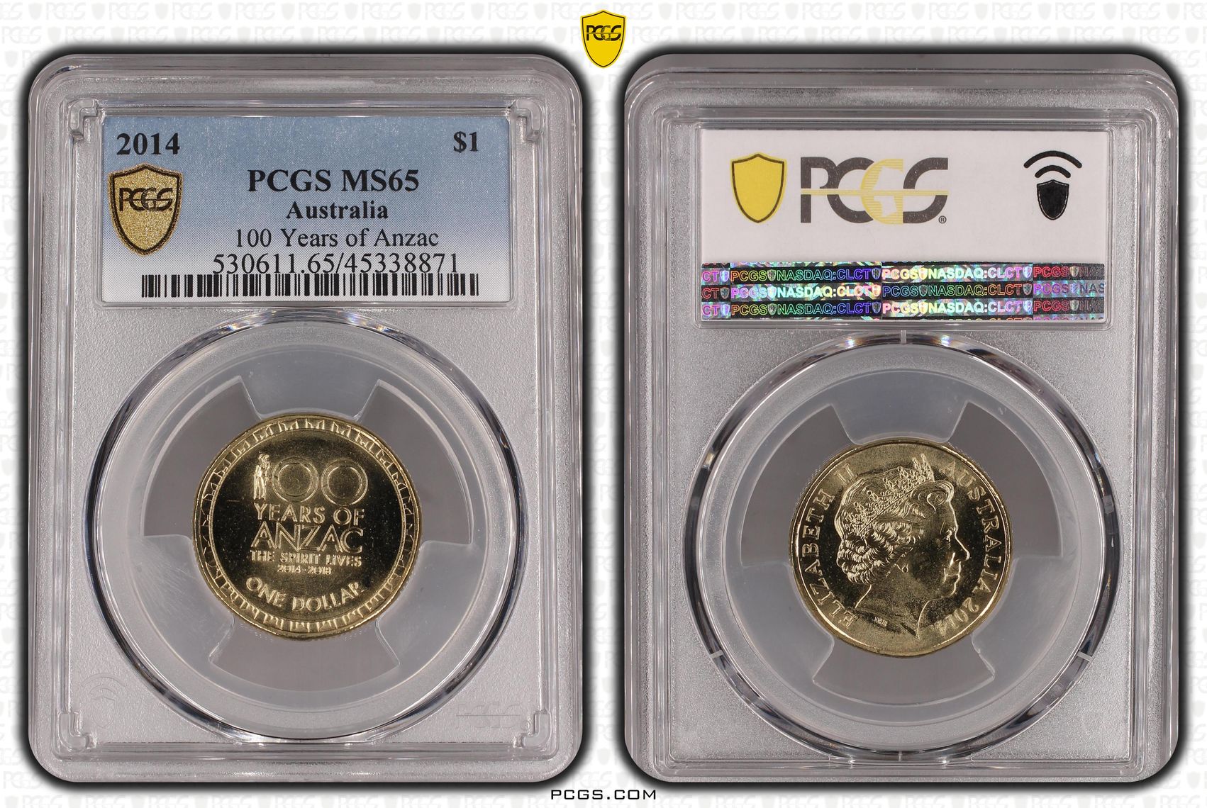 100 Years of Anzac, One Dollar, 2014, PCGS MS65