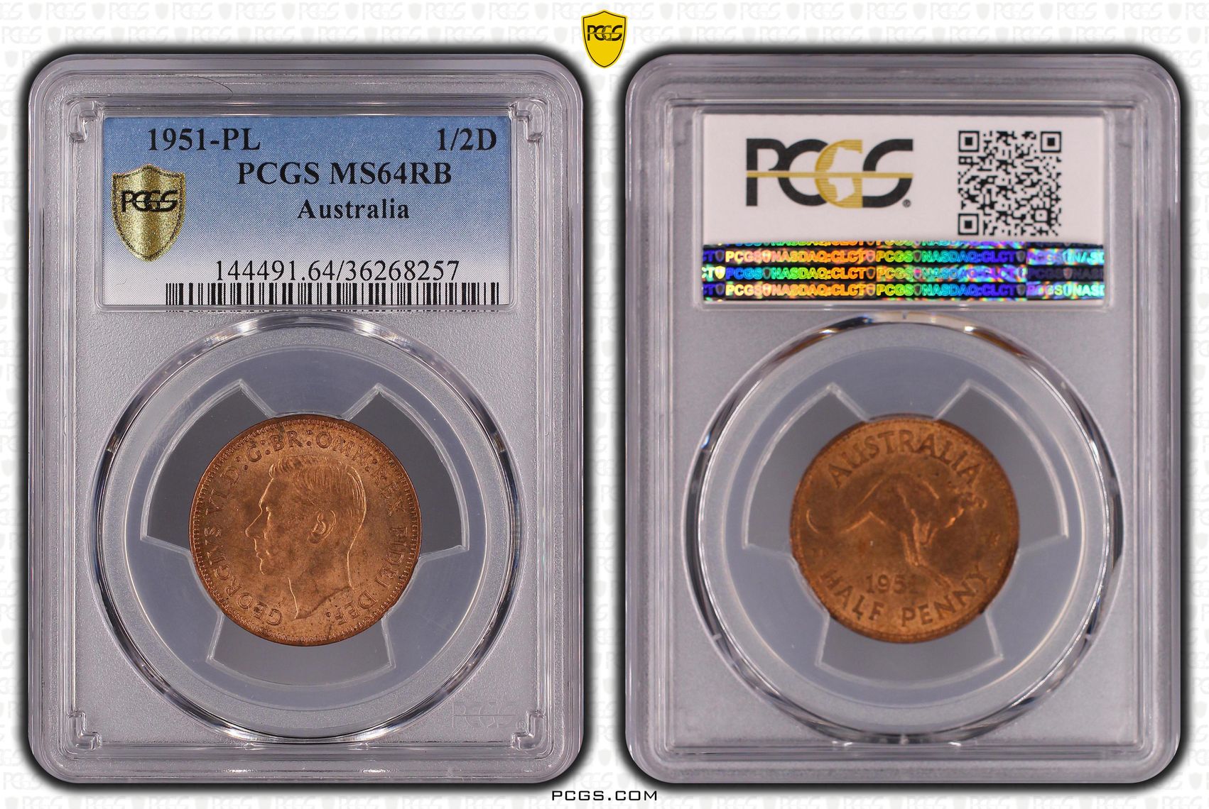 1951-PL Australia Half Penny PCGS - MS64RB -257