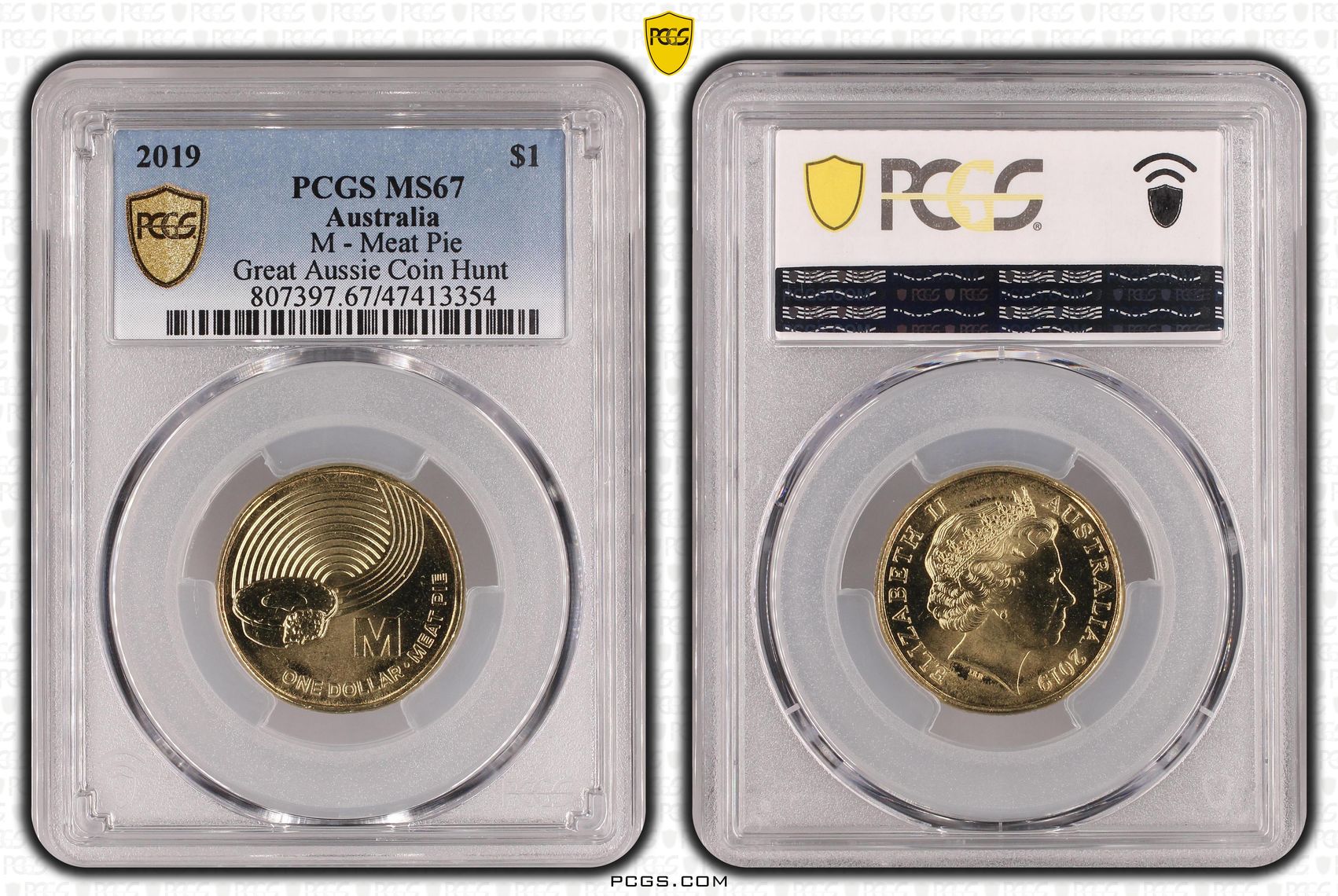 Elizabeth II, M - Meat Pie Great Aussie Coin Hunt, One Dollar, 2019 POP Report 4/1, PCGS MS 67