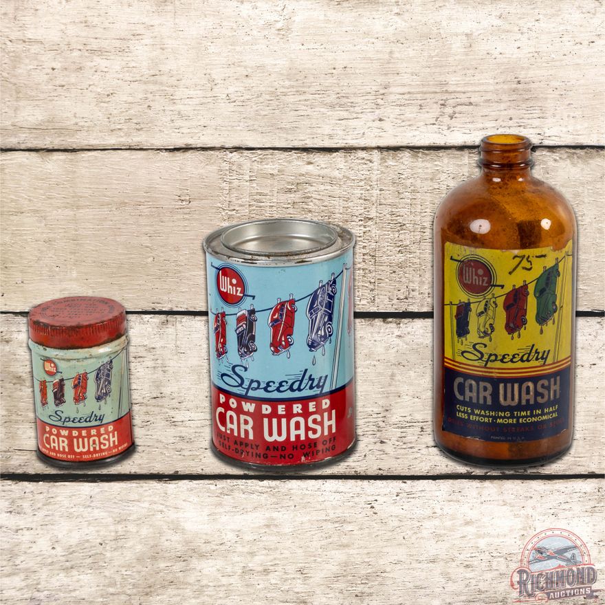 Superb lot of 3 Whiz Speedy Car Wash Cans & Bottle