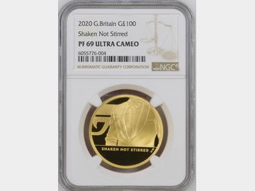 2020 ELIZBETH II JAMES BOND 'SHAKEN NOT STIRRED' GOLD PROOF 100 POUND COIN PF69 UCAM