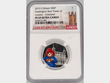 2019 COLOURIZED PROOF SILVER PADDINGTON BEAR TOWER OF LONDON 50 PENCE PF69 UCAM