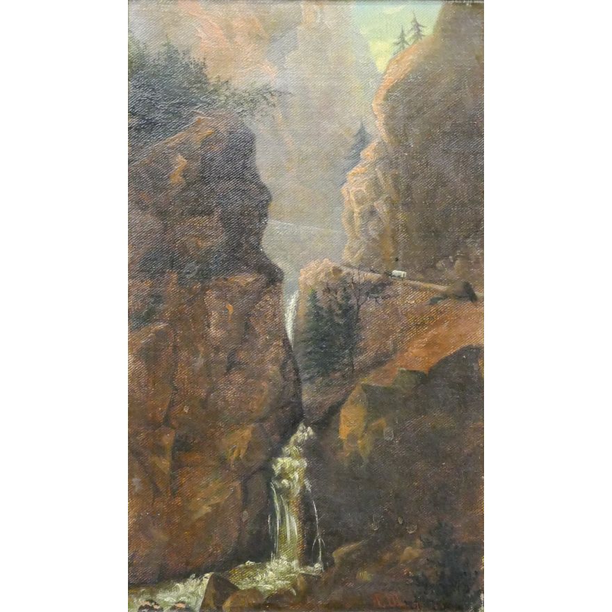 Antique Canyon Falls 1875 Oil on Canvas Gilt Framed