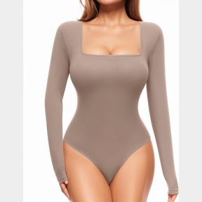 ALGALAROUND WOMEN'S SQUARE NECK SHORT SLEEVE LONG SLEEVE BODYSUITS BASIC SLIM FIT TOPS, SMALL