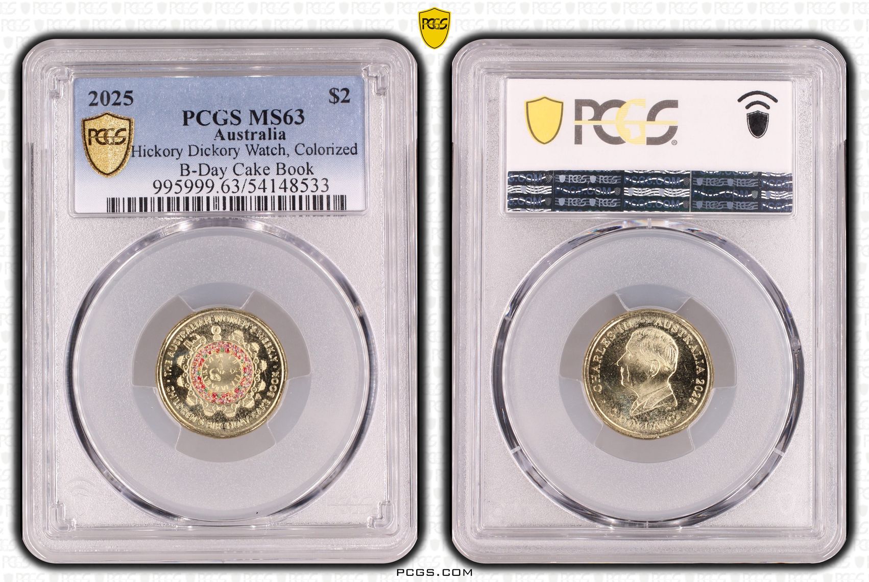 Hickory Dickory Watch, Colourised B-Day Cake Book, Two Dollar, 2025, PCGS MS63