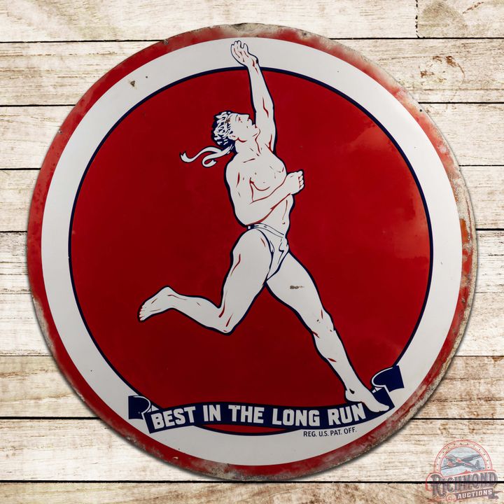 Marathon Gasoline 6' Single Sided Porcelain ID Sign w/ Running Man "Best in the Long Run"