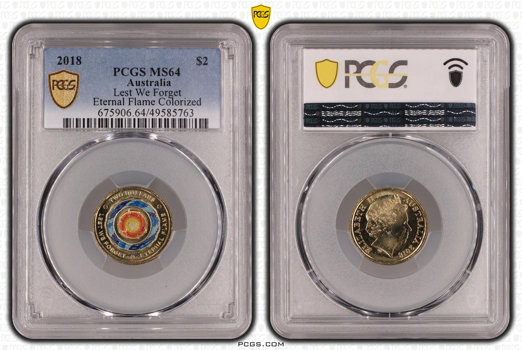 Elizabeth II, Lest We Forget - Eternal Flame Colorized , Two Dollar, 2018, PCGS MS64