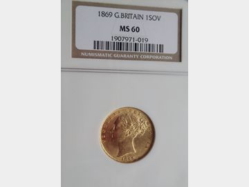 1869 VICTORIA YOUNG HEAD LONDON MINT SHIELD GOLD SOVEREGIN MS60