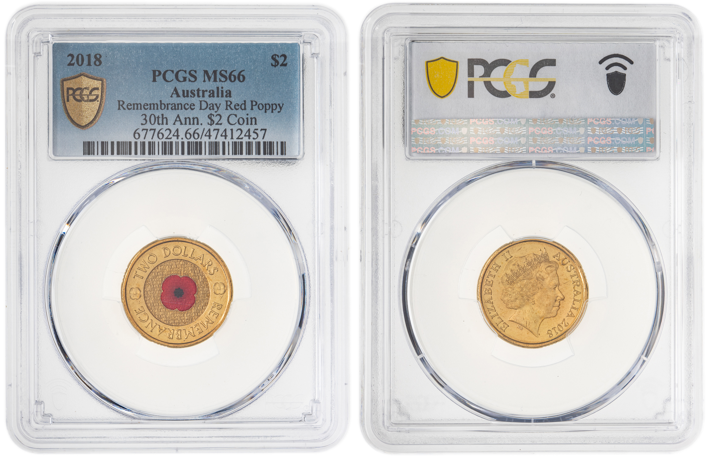 Elizabeth II, Remembrance Day Red Poppy 30th Ann. $2 Coin, Two Dollar, 2018, PCGS MS66