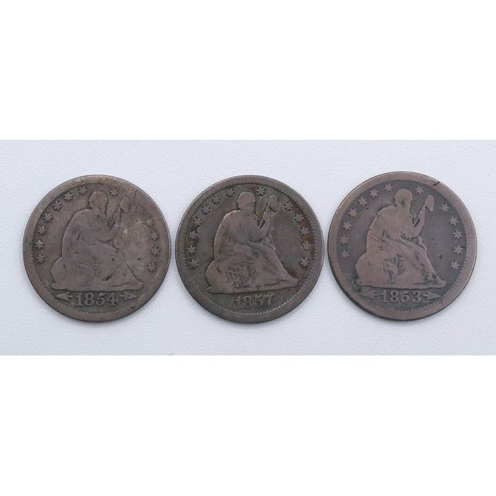3pc 1853-57 US Seated Liberty Silver Quarters