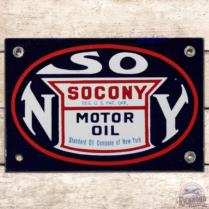 NOS Socony Motor Oil SS Porcelain Sign w/ Logo