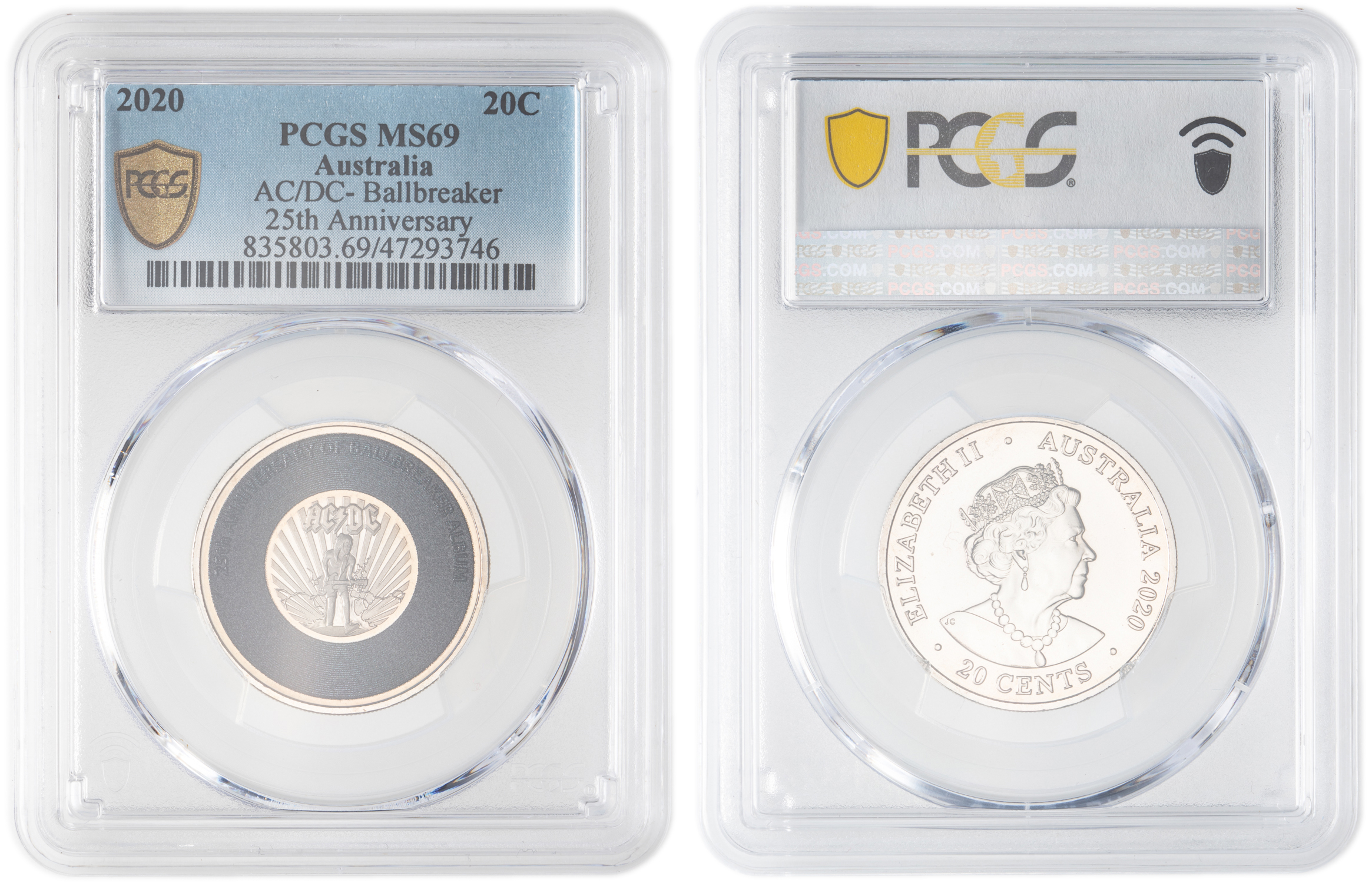 Elizabeth II, AC/DC- Ballbreaker 25th Anniversary, Twenty Cent, 2020, PCGS MS69