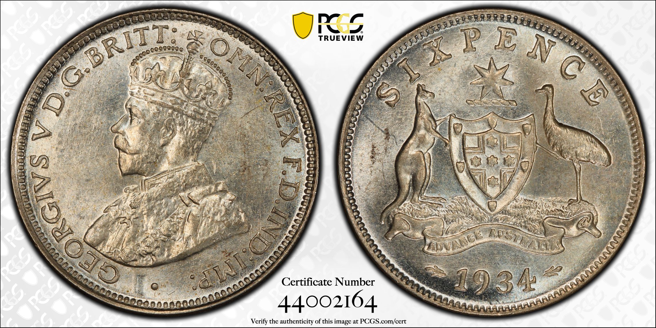 George V, Sixpence, 1934, PCGS MS65