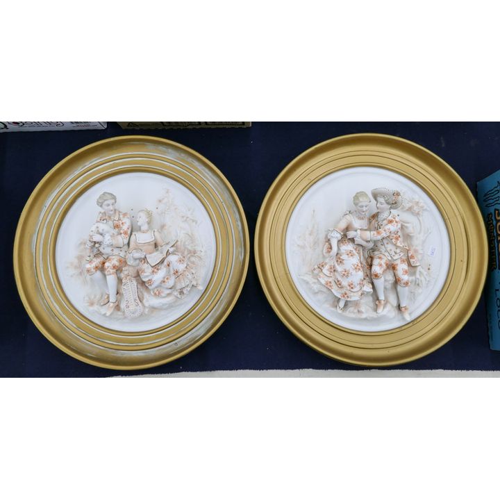 Pair Bisque Porcelain Courting Scene Relief Plaques- 14''