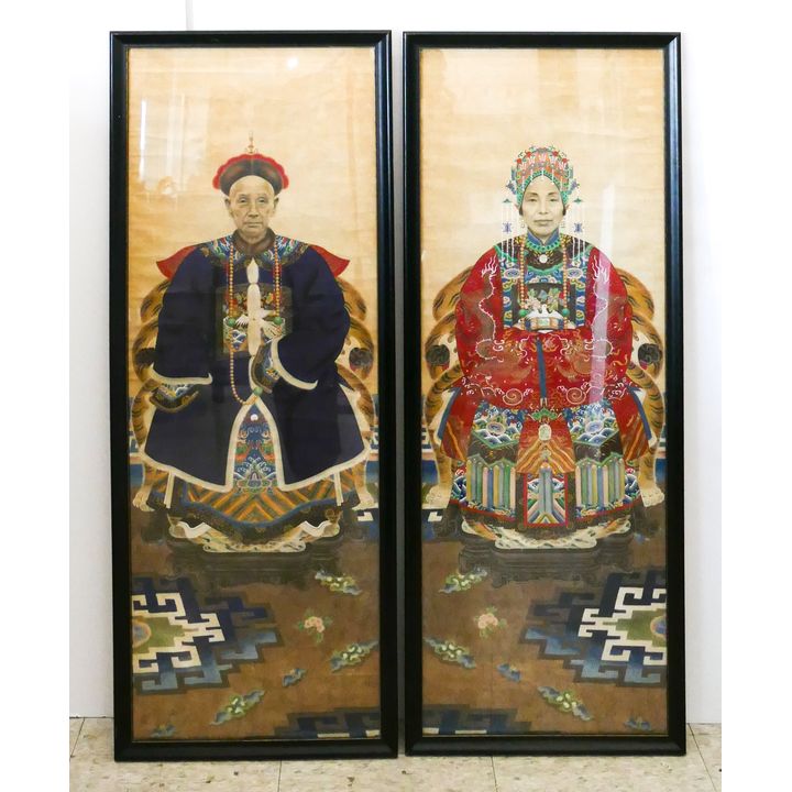 Pair Antique Chinese Painted Emporer & Empress Panels Framed- 42x16'' each
