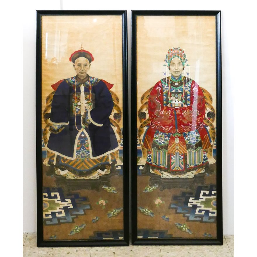 Pair Antique Chinese Painted Emporer & Empress Panels Framed- 42x16'' each