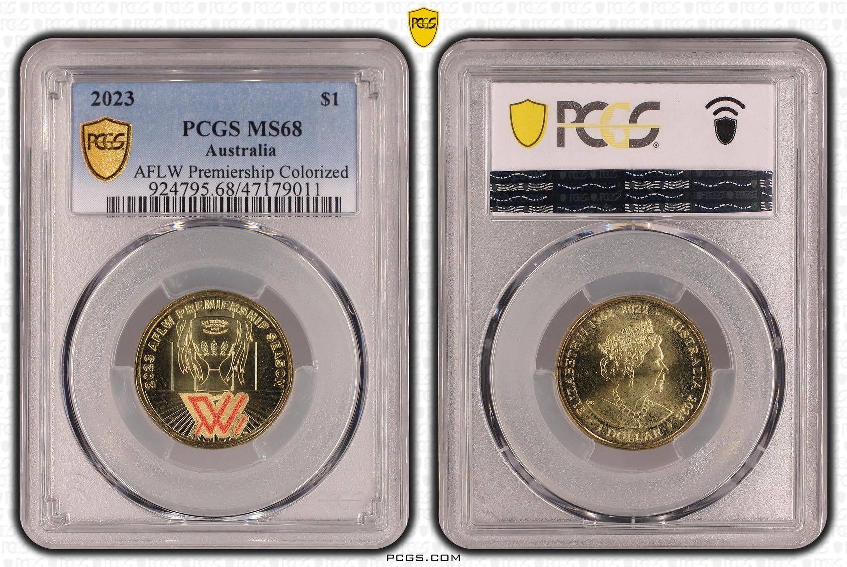 Elizabeth II, AFLW Premiership Colorized, One Dollar, 2023, PCGS MS68