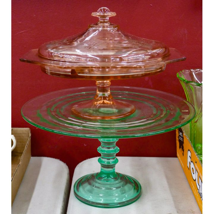 2pc Vintage Footed Colored Glass Serving Trays - Largest 12''