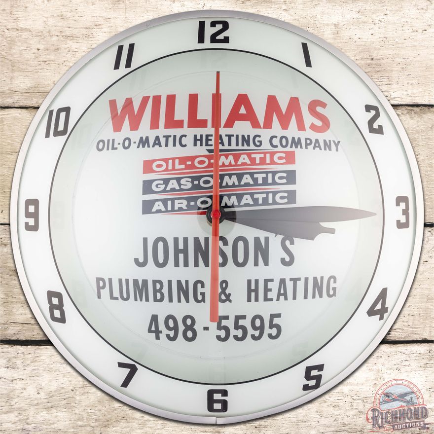Williams Oil-O-Matic Heating Company 15" Double Bubble Ad Clock Johnson's Plumbing & Heating