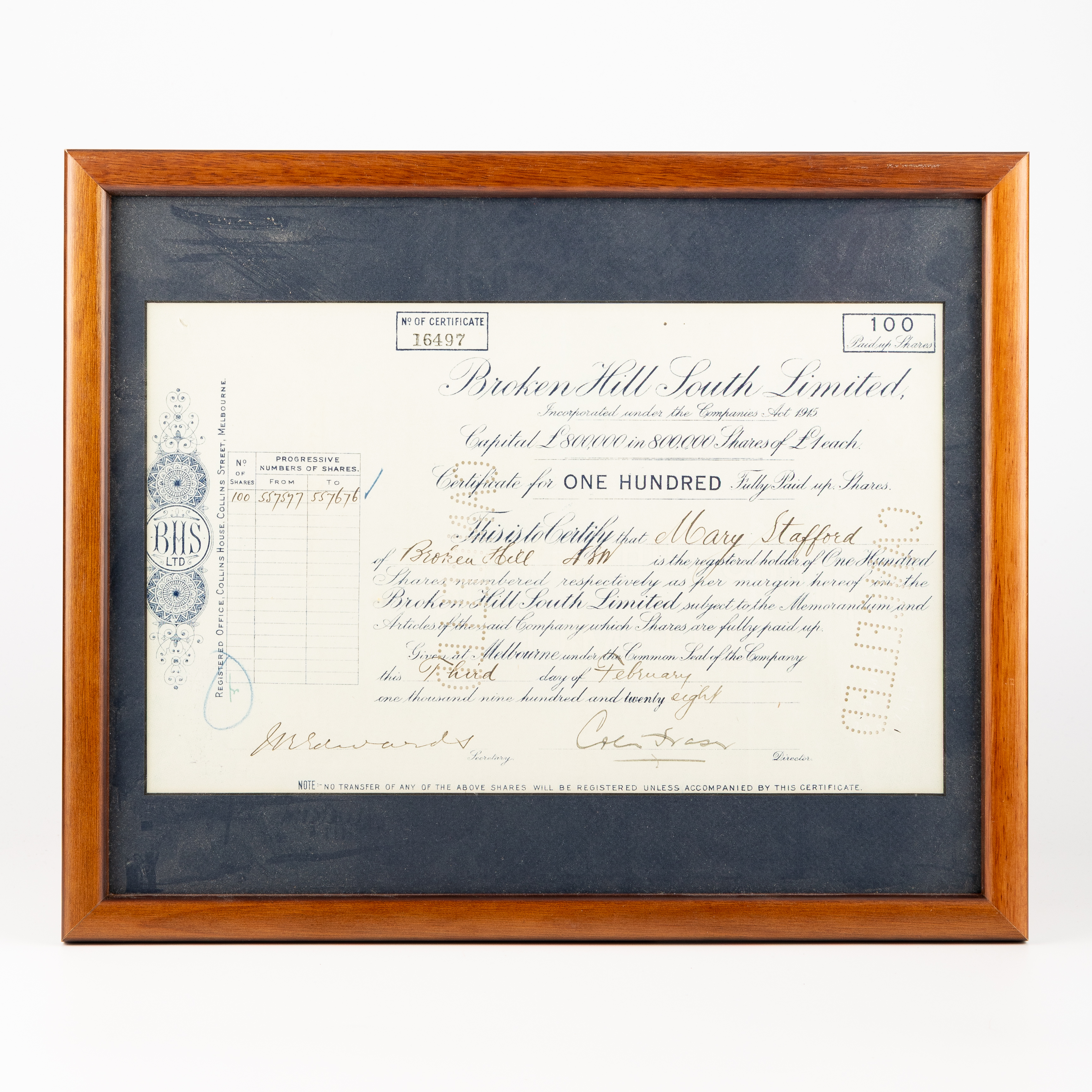 5 · Broken Hill South Limited, One Hundred Shares, 1928
