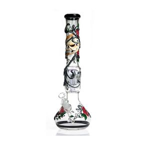 18 IN BONG HAND DRAWN SKULL ROSE GLASS BEAKER HOOKAH HD17