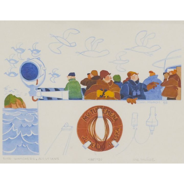 Rie Munoz ''Bird Watchers, Aleutians'' 1989 Signed Print.